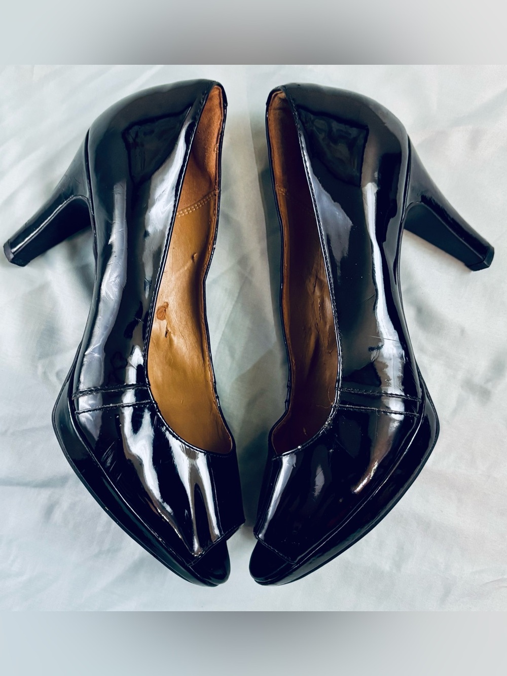 Clarks Collection Cushion Soft Black Patent Peep Toe Mid Heel Pumps